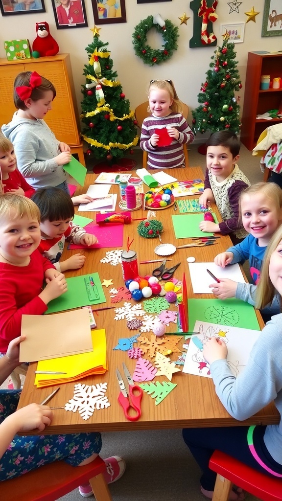 Children making Christmas crafts with colorful papers and decorations on a festive table.